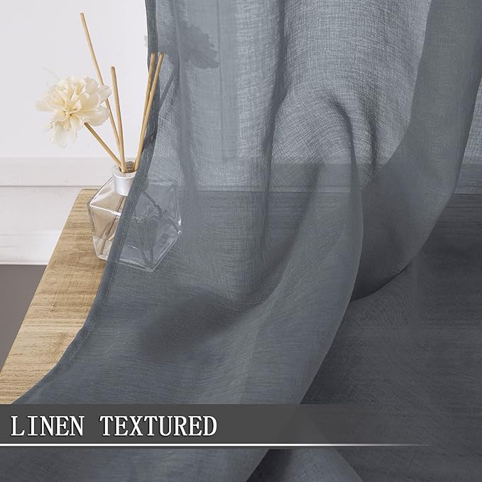 Tollpiz Short Sheer Curtains Linen Textured Bedroom Curtain Sheers Light Filtering Rod Pocket Voile Curtains for Living Room, 54 x 45 inches Long, Dark Grey, Set of 2 Panels