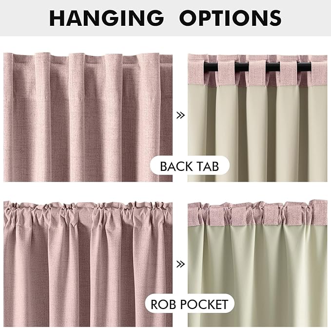 MIULEE 100% Blackout Linen Curtains for Bedroom, Pink Solid Luxury Decor Thermal Insulation Room Darkening Drapes for Living Room Nursery Back Tab Rod Pocket 42 x 90 Inches, 2 Panels