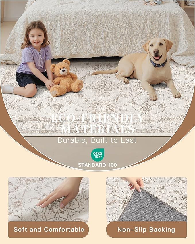 Madane 2x6 Washable Runner Rug Non-Slip, Vintage Kitchen Hallway Rug with Rubber Backing, Soft Low Pile Throw Carpet Runner for Entryway Laundry Bathroom Bedroom Living Room (2 x 6, Brown/Ivory)