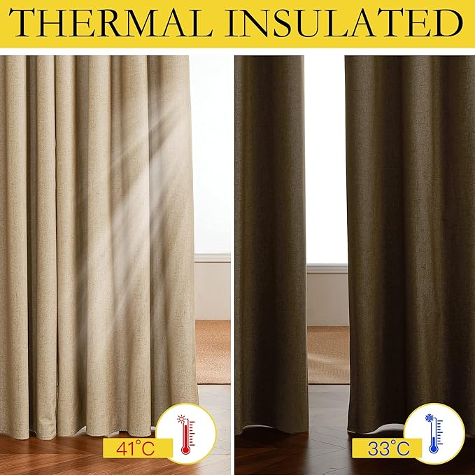 NICETOWN 100% Absolutely Blackout Linen Curtains with Thermal Insulated White Liner, Camel, 42" Wide by 63" Long, 2 Pieces, Linen Blend Window Drapes Privacy Window Treatments for Bedroom/Kids Room