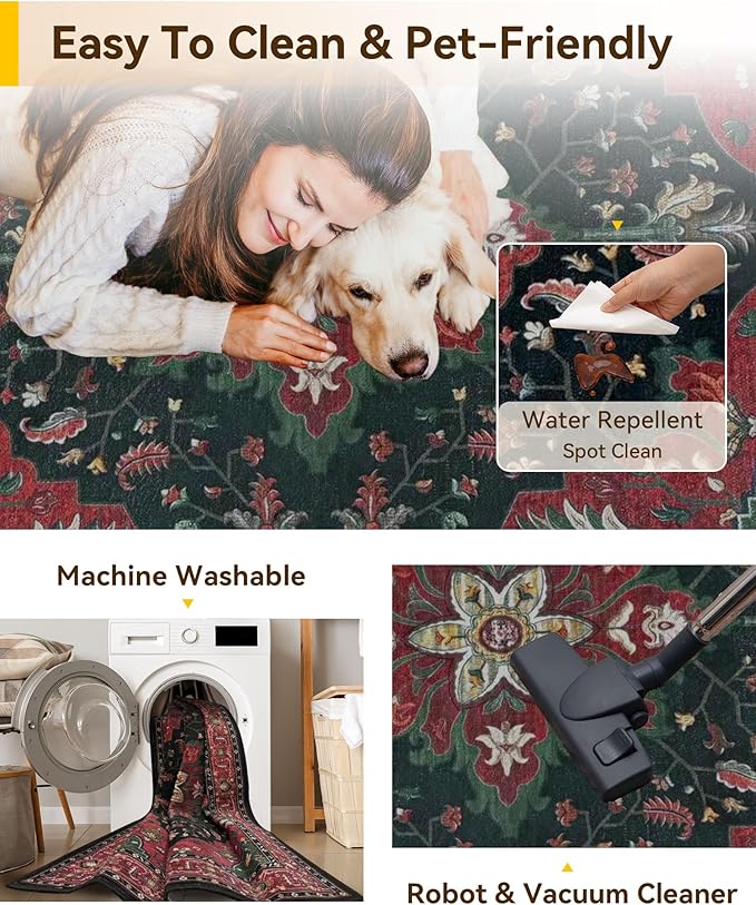 Area Rugs 5'x7' Washable Non-Slip, Floral Vintage Distress Print Pattern Medallion Carpet for Living Room Bedroom Dining Room, Red Black