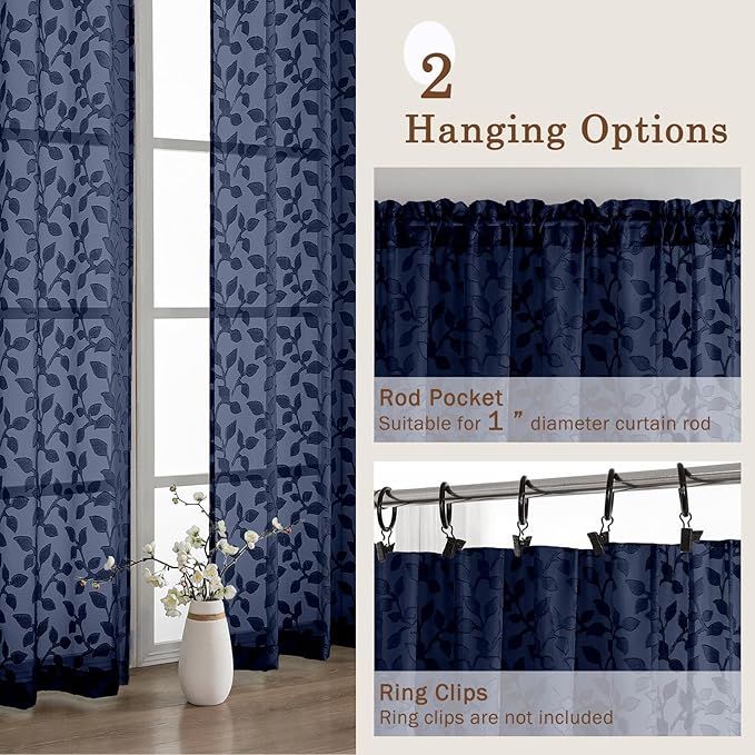 Chyhomenyc Navy Blue Sheer Curtains 90 Inch Length 2 Panels Set, Light Filtering Tufted Textured Soft Airy Rod Pocket Gentle Leaf Window Treatment Drapes for Bedroom Living Room, 52" Wx90 L, 2PCS