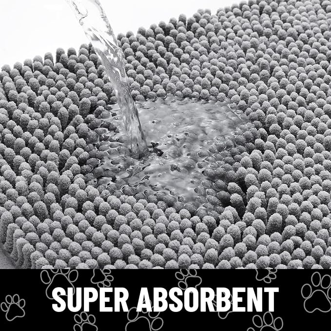 Smiry Dog Door Mat for Muddy Paws, Absorbent Dirt Trapper Non Slip Quick Dry Washable Chenille Mat for Mud Dogs, Entry Rug for Indoor and Outdoor (59x20 Inches, Grey and Black)