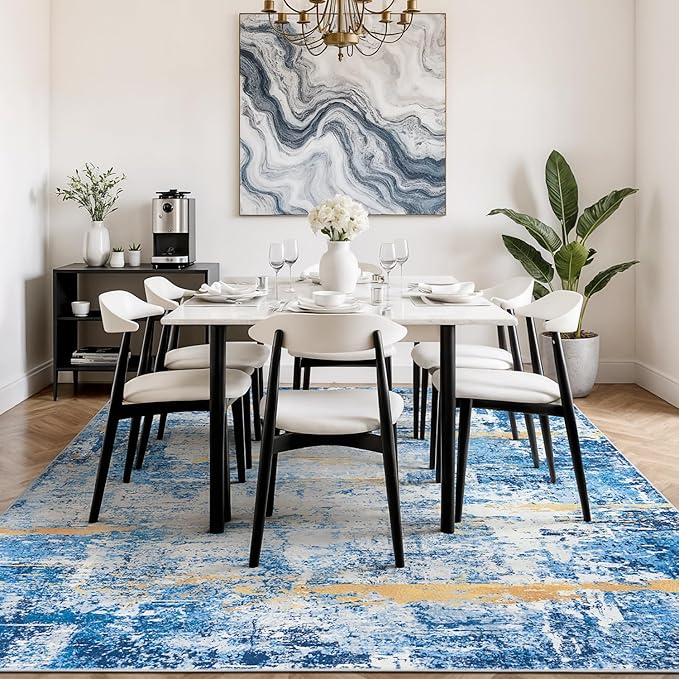 Rugflix 5x7 Area Rugs for Living Room, Washable Large Rug Stain-Resistant Low Pile, Modern Carpet for Dining Room Home Office Kid Room Nursery Bedroom, Blue Gold