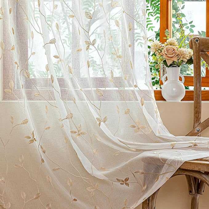 AmHoo 2 Panels Embroidered Leaf Pattern Semi Sheer Curtains Foliage Floral Voile Window Draperies Treatment for Bedroom Living Room Rod Pocket White Beige 53 x 95 Inch
