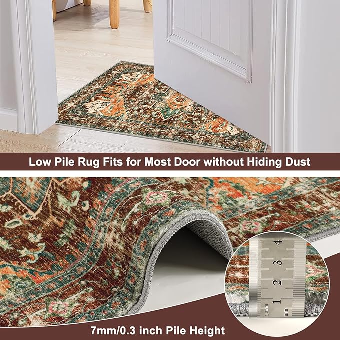 Yamaziot Washable Runner Rug, 3x8 Non-Slip Boho Vintage Hallway Rug with Rubber Backing, Low Pile Faux Wool Distressed Carpet Runner for Bedroom, Kitchen, Laundry, Entrance