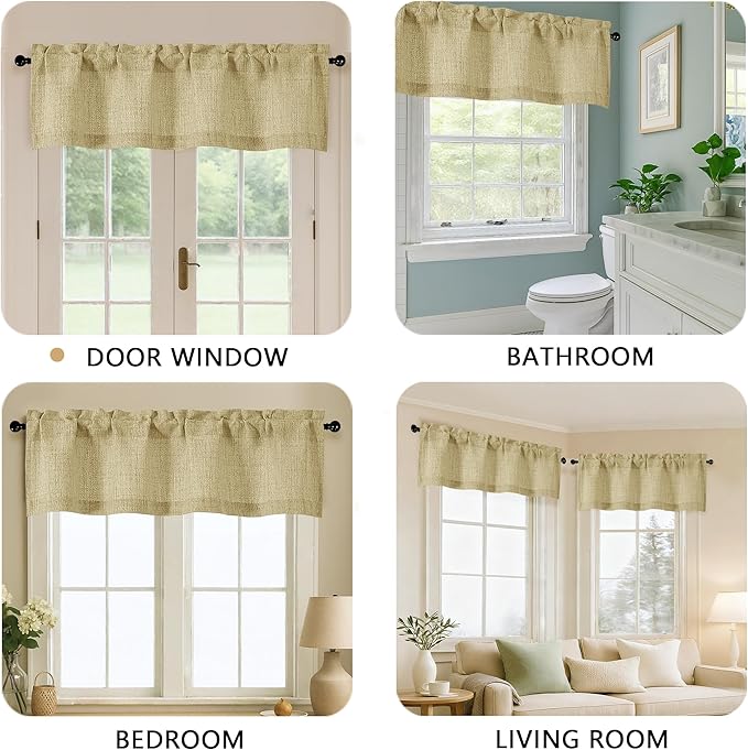 OVZME Valance for Windows, Light Filtering Faux Linen Textured Small Kitchen Valances for Windows, Dual Rod Pocket Farmhouse Short Curtain for Bathroom Basement, 52Wx18L inch, 1 Piece, Camel