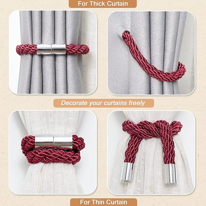 NICEEC 6 Pack Strong Magnetic Curtain Tiebacks Modern Simple Style Drape Tie Backs Convenient Decorative Weave Rope Curtain Holdbacks for Thin or Thick Home & Office Window Draperies (Wine Red)