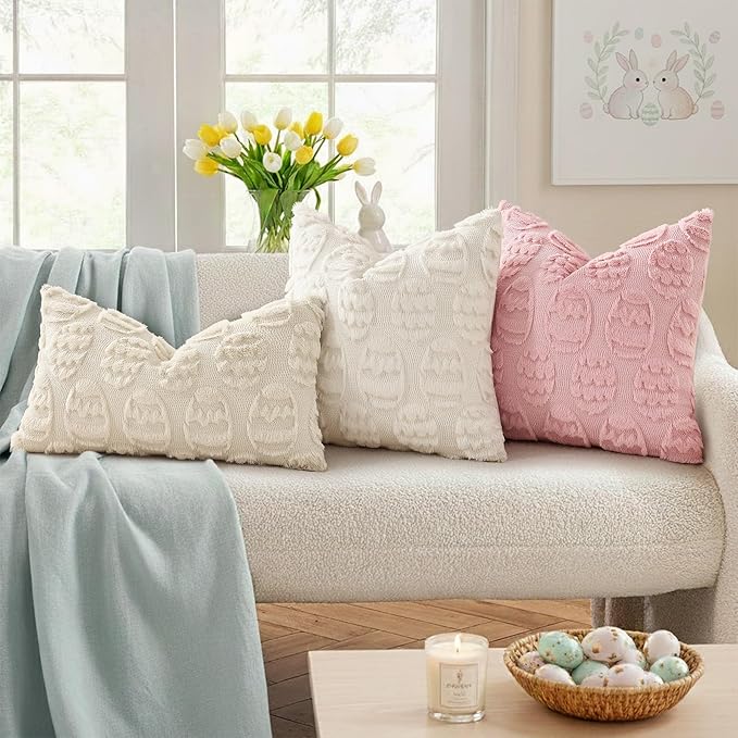 decorUhome Easter Cream White Egg Pillow Covers 12x20 Inch Set of 2, Soft Plush Faux Wool Jacquard Cushion Covers, Farmhouse Neutral Fuzzy Spring Easter Holiday Decor for Couch Sofa Bed