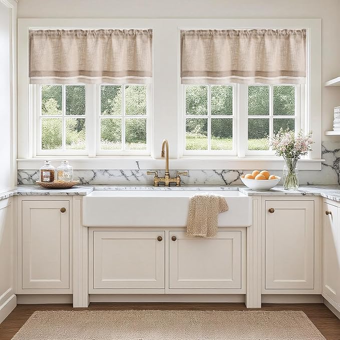 jinchan Linen Farmhouse Valances for Living Room Windows 16 Inch Slubbed Crossed Double Layer Window Valances Light Filtering Rustic Country Overlay Rod Pocket 2 Panels Blush Beige