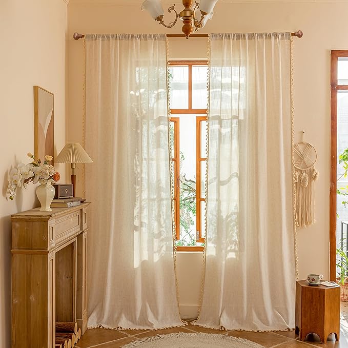 MYSKY HOME 96 Inch Length Farmhouse Semi Sheers Light Filtering Privacy Drapes for Sliding Glass Door, Bohemian Country Style Draperies with Tassel Back Tab, 50" W×96" L, Linen, 2 Panels