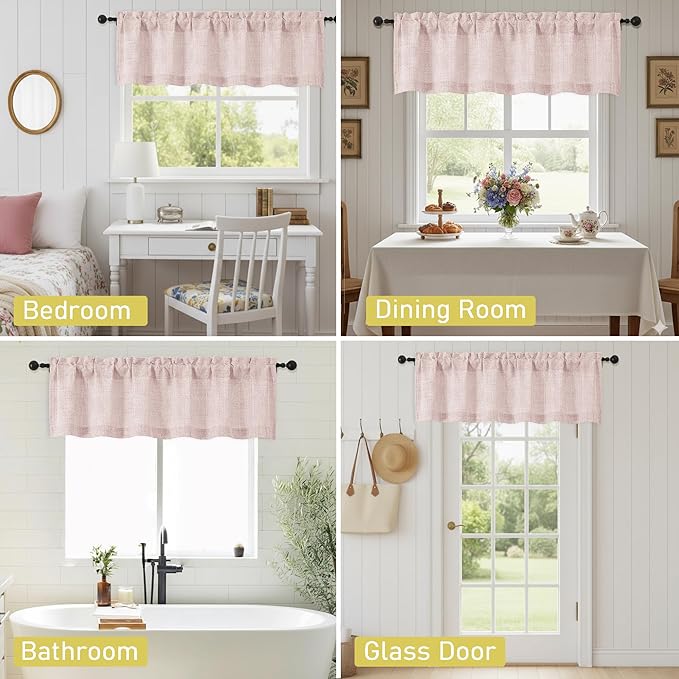 Blush Pink Valances for Windows, Light Filtering Faux Linen Textured Small Short Valance Curtains for Bathroom Basement Farmhouse, Rod Pocket Half Curtains for Windows, 60Wx24L Inch