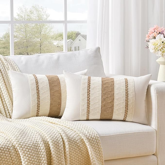 Fancy Homi Set of 1 Boho Neutral Long Lumbar Decorative Throw Pillow Cover 16x24 Inch for Couch Bed Sofa Chair, Modern Organic Farmhouse Home Decor, Soft Cotton Cute Accent Tan Rectangle Cushion Case