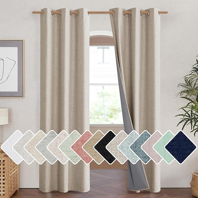 NICETOWN Oatmeal Vintage Open Linen Weave Flax Thermal Curtains, 100% Blackout Curtains 90" Long for Dining Room, Soundproof Window Treatment Drapes for Hall Room, 42" Wide Per Panel, Set of 2