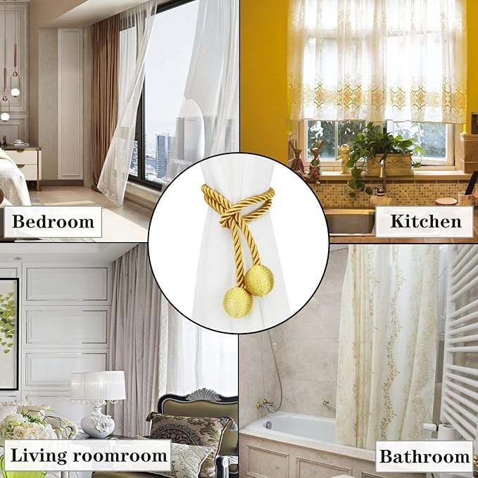 Curtain Tiebacks Outdoor Elegant Decorative Tie Backs Modern Rope Tiebacks for Drapes Window Curtain Holdbacks for Draperies (Gold, 4)