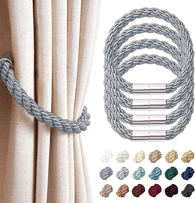 NICEEC 4 Pack Strong Magnetic Curtain Tiebacks Modern Simple Style Drape Tie Backs Convenient Decorative Weave Rope Curtain Holdbacks for Thin or Thick Home & Office Window Draperies (Dark Grey)