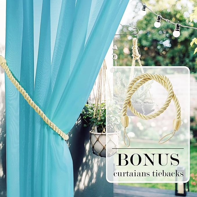 RYB HOME Outdoor Sheer Curtains for Patio Waterproof, Detachable Top Breathable Translucent Indoor Outdoor Voile Draperies for Porch Terrace Verandas, 54" Wide, 84" Long, 1 Piece with 1 Rope, Teal