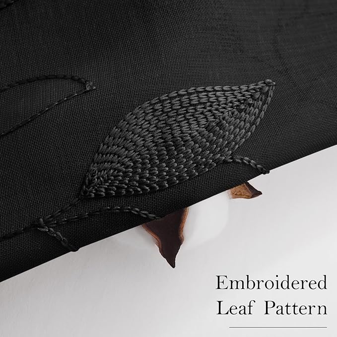 HOMEIDEAS Black Sheer Curtains 52 X 96 Inches Length 2 Panels Black Embroidered Leaf Pattern Gothic Faux Linen Floral Semi Sheer Voile Window Curtains/Drapes for Bedroom Living Room