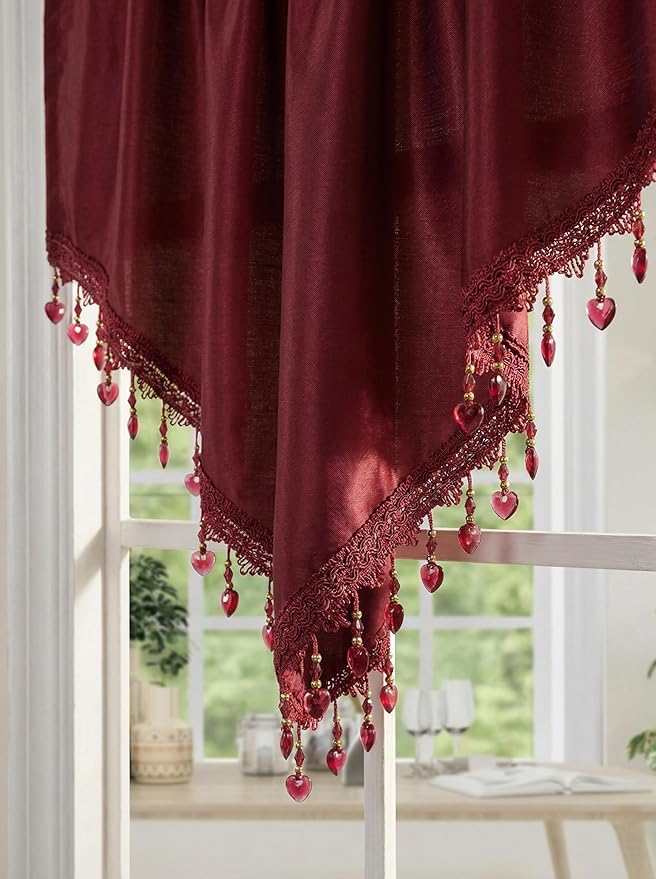 Molaxhome Swag Curtain 51 inch Length Rod Pocket Scalloped Curtain Valance Sheer Lace Panels with Hanging Crystal Beads for Kitchen Bedroom Window Treatments Drape Decor 1pc (Cloth Red, 51Wx23L)