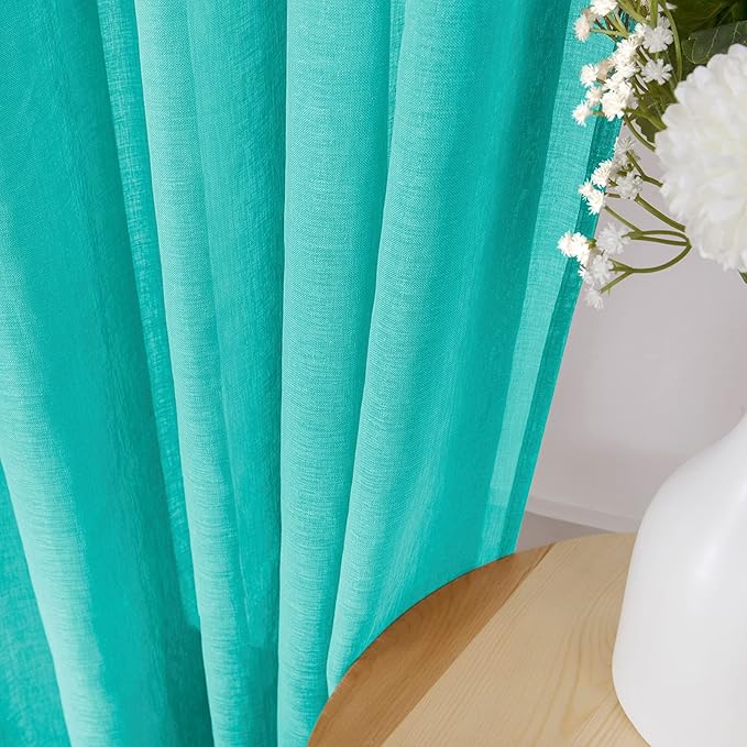 Tollpiz Sheer Curtain Linen Textured Living Room Curtains Sheer Light Filtering Rod Pocket Voile Curtain for Bedroom, 54 x 72 inches Long, Aqua Blue, Set of 2 Panels