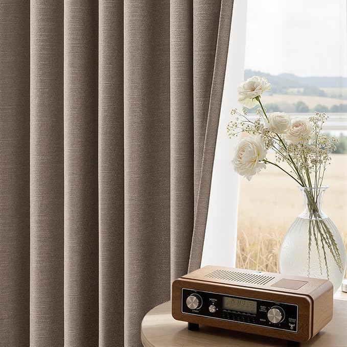 Topfinel 90 inch Long Linen Blackout Curtains 2 Panels for Bedroom Living Room 100% Black Out Linen Texture Curtain Elegant Farmhouse Window Drapes with Back Tab Rod Pocket Room Darkening Drape Taupe