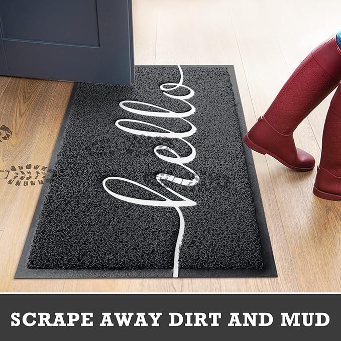 CozyBounty Door Mat Hello Mats Outdoor Indoor Non-Slip Doormat for Entryway Low-Profile Floor Mat for Yard, Garage, High Traffic Areas (32"x20", Black)