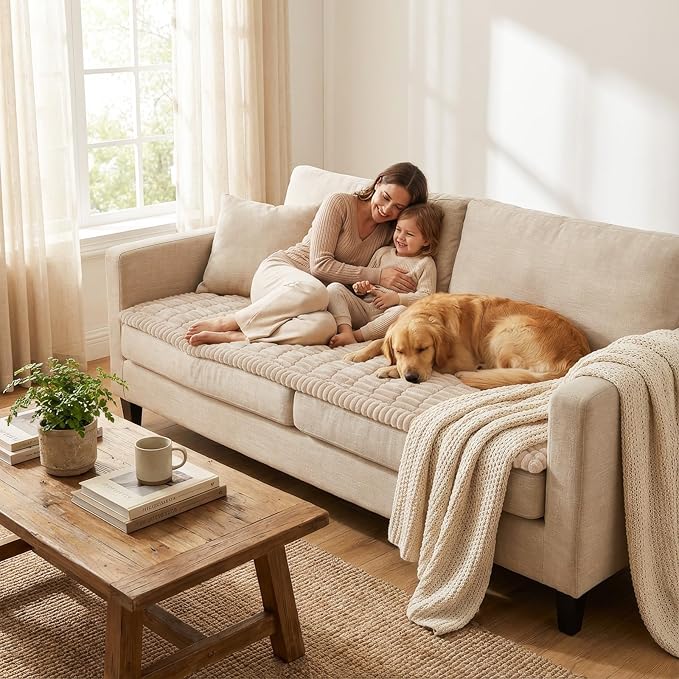 Smiry Couch Cover for Dogs Washable, Non Slip Fuzzy Pet Couch Covers for 3 Cushion Sofa Pet Friendly, Thick Soft Sofa Slipcovers Cushion Protector (Apricot, 27.6" x 47")