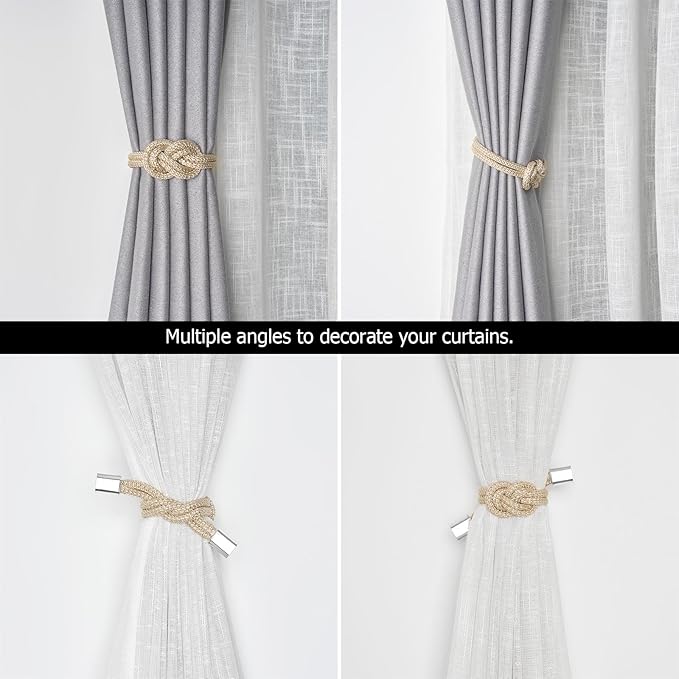 NICEEC 2 Pack Mini Magnetic Curtain Tiebacks Nordic Simple Style Drape Tie Backs Elegant Hand Weave Rope Knot Decorative Curtain Holdbacks for Home & Office Thin Window Drapery (Beige)