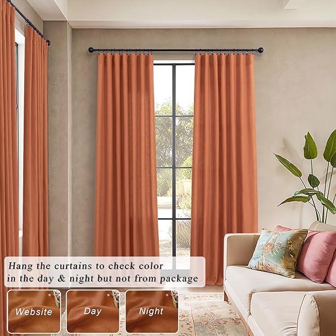 Burnt Orange Curtains 108 Inches Long for Living Room Dining 2 Panels Back Tab Pocket Drape Light Filtering Semi Sheer Linen Curtains for Bedroom Patio Door Autumn Neutral Earth Tone Decor Rust 52x108