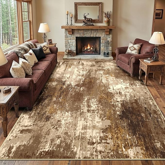 Washable Area Rugs 8'x10' Non-Slip Modern Abstract Soft for Living Room Entryway Bedroom Nursery, Print Pattern, Brown Tan Beige Coffee