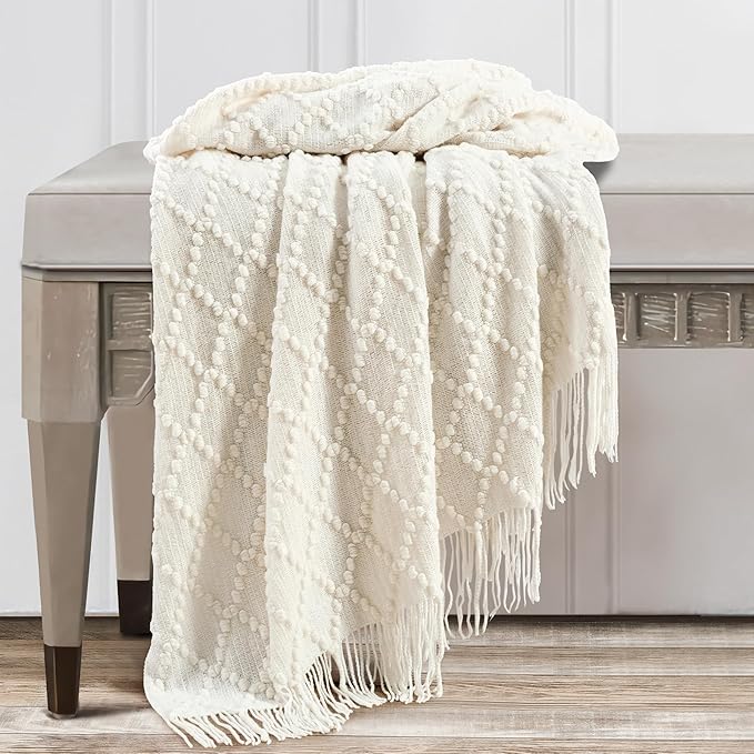 BOURINA White Throw Blanket 50 x70 Inches Jacquard Argyle Throw Textured Solid Soft Throws and Blankets for Sofa or Bed Knitted Decorative Blanket
