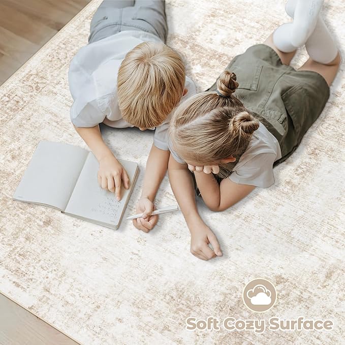 Area Rug 10x12 Washable Rug, Vintage Boho Medallion Rugs Non-Slip Soft Low Pile Large Distressed Rug Indoor Retro Carpet for Living Room Bedroom Dining Room Home Office (Beige, 10'x12')
