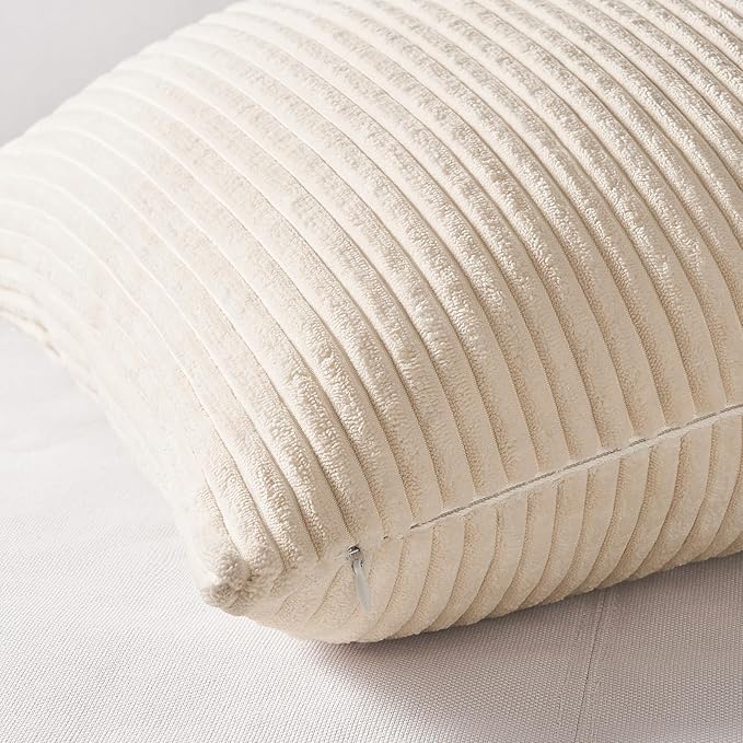 Topfinel 4 Packs Neutral Decorative Throw Pillows Covers 24x24 Inch for Living Room Couch Bed Sofa, Rustic Farmhouse Boho Neutral Home Decor, Soft Plush Striped Corduroy Square Cushion Case 60x60 cm