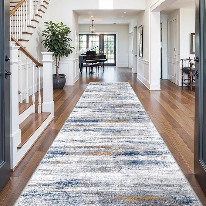 5x12 Runner Rug for Wide Hallway: Long Washable Runners for Entryway Living Room Dining Room - Stain and Water Resistant Rugs with Non-Slip Backing - Soft Low-Pile Carpet Navy Grey