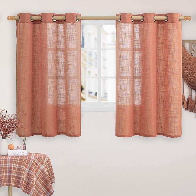 LAMIT Terracotta Linen Semi Sheer Curtains 45 Inch Length, Light Filtering Neutral Window Curtains Farmhouse Boho Bronze Grommet Fall Decor Panels for Bedroom, 2 Panels, 34 x 45 Inch