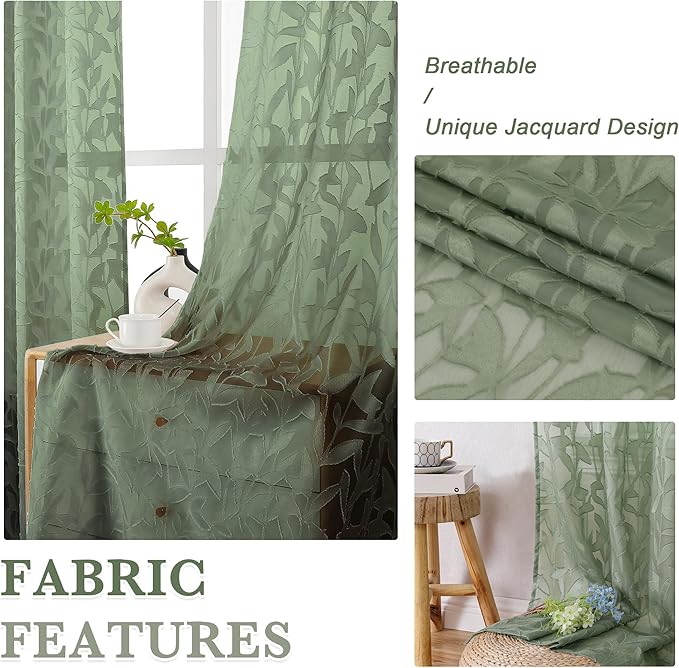 Lecloud Leia Sage Green Sheer Curtains 45 Inch Length 2 Panels, Elegant Balance Light & Privacy Jacquard Textured Leaf Voile Curtains, Dual Rod Pockets Drapes for Bedroom Living Room, 28" W x 45" L