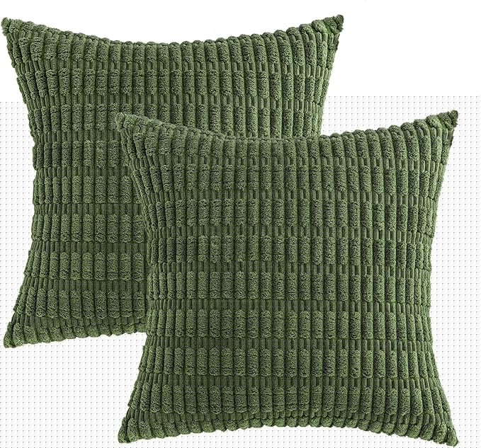 MIULEE Pack of 2 Spring Corduroy Decorative Throw Pillow Covers 18x18 Inch Soft Boho Striped Pillow Covers Modern Farmhouse Home Decor for Summer Sofa Living Room Couch Bed Moss Green