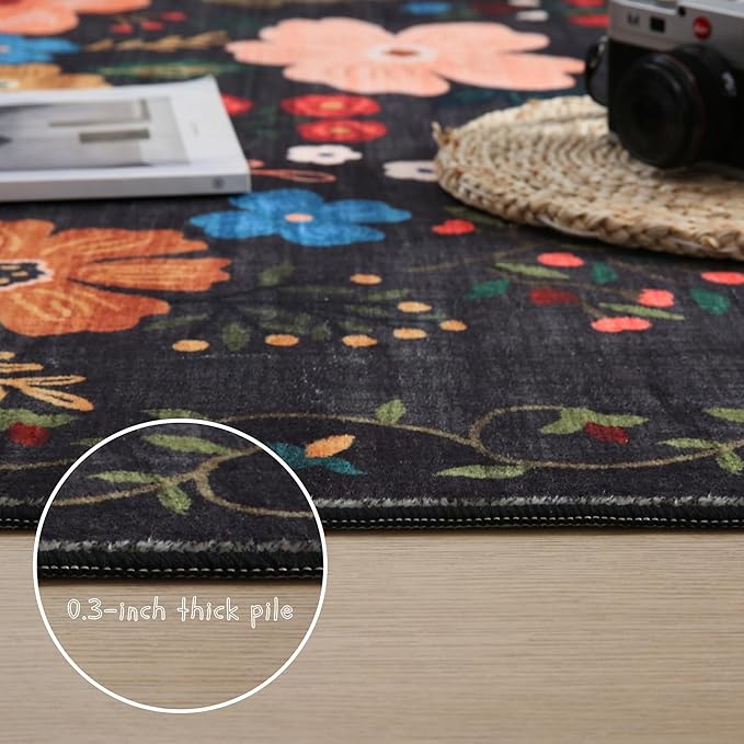 Rugcomf Area Rugs 9x12 Living Room Clearance Washable Boho Rug Non Slip Floral Vintage Low Pile Large Rug for Living Room, Bedroom, Farmhouse, Dining Room, Kids Playroom(Black)