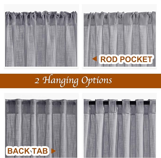 NICETOWN Linen Sheer Curtains for Living Room, Rod Pocket & Back Tab Semi Sheer Linen Curtain Drapes Privacy with Light Filter for French Door/Bedroom (2 Panels, W52 x L95, Dark Grey)