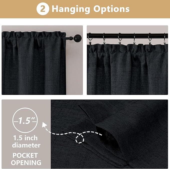 OVZME Black Valance for Windows, Light Filtering Faux Linen Textured Small Kitchen Valances for Windows, Dual Rod Pocket Farmhouse Short Curtain for Bathroom Basement, 60Wx18L inch, 1 Piece