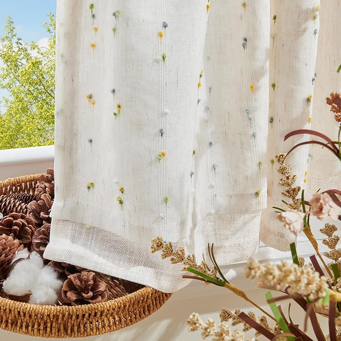 jinchan Kitchen Valance Curtain for Windows 16 Inch Mini Pom-Pom Double Layer Valance Linen Blend Country Window Treatment for Bedroom Living Room Light Filtering Rod Pocket 1 Panel Sunlit Grove