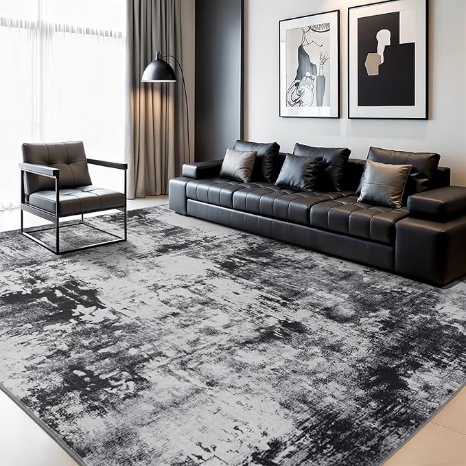 Rugflix 8x10 Area Rugs for Living Room, Black Grey Large Rug Stain-Resistant Low Pile, Big Washable Dark Carpet Non-Slip for Bedroom Dining Room Home Office Nursery Room