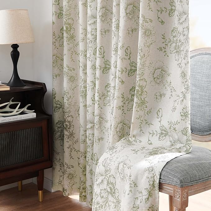 jinchan Blackout Floral Curtains for Living Room Bedroom Linen Blend Curtain Farmhouse Green Printed with Lined Back Tab Rod Pocket Drapes Window Treatments 2 Panels 90 Inch