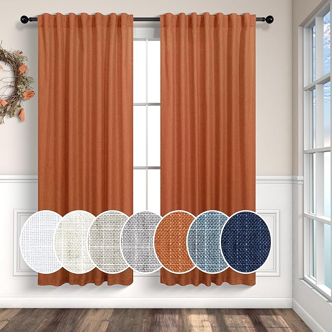 Burnt Orange Linen Curtains 63 Inch Length for Bedroom 2 Panels Set Back Tab Pocket Semi Sheer Light Filtering Curtains for Dining Room Nursery Boys Toddlers Funky Pop Colored Copper Rust Decor 52x63