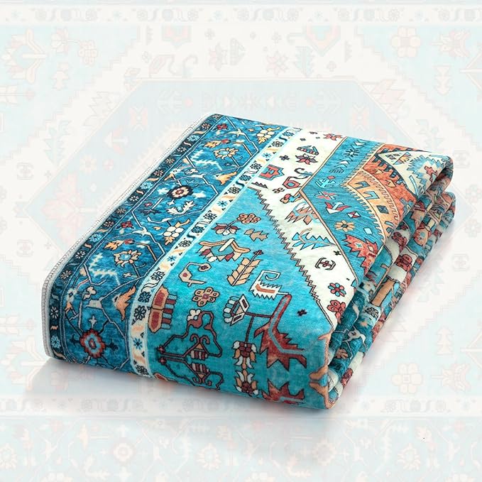 SERISSA Area Rug 3x5 Boho Blue Rugs for Bedroom, Washable Non-Slip Kitchen Rugs, Ultra Soft Print Distressed Tribal Entry Rug Low-Pile Throw Rug Carpet for Bedroom Nursery Living Room Dorm Decor