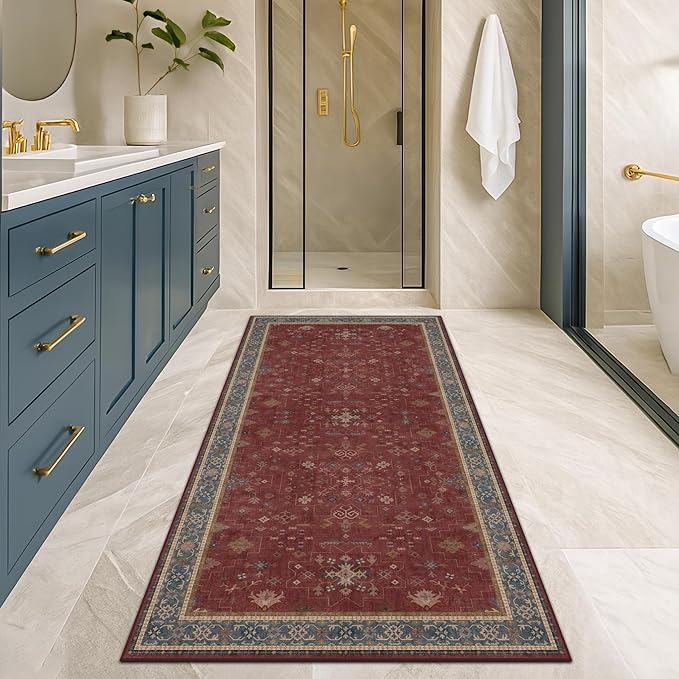 2x6 Turkish Kitchen Runner Rugs Non Skid Washable - Washable Rug for Hallway, Bedroom Bedside, Bathroom, Laundry Room, Hallway, Non Slip with Rubber Backing, Oriental Dark Red Kitchen Accessories