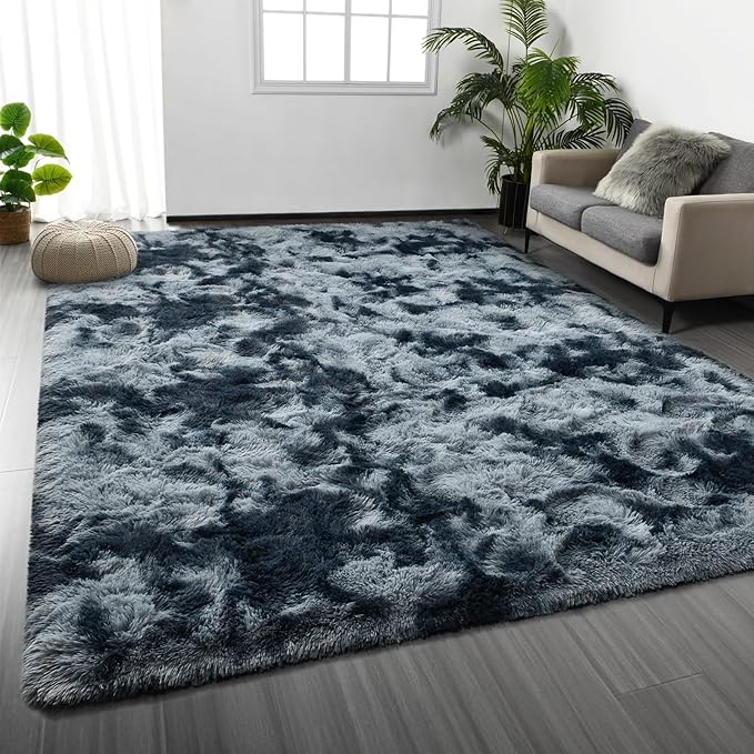 Deerhoo Large Shag Area Rugs 9 x 12, Tie-Dyed Plush Fuzzy Rugs for Living Room, Ultra Soft Fluffy Furry Rug for Bedroom, Indoor Carpet Nursery Rugs for Kids Room Home Decor, Blue and Grey