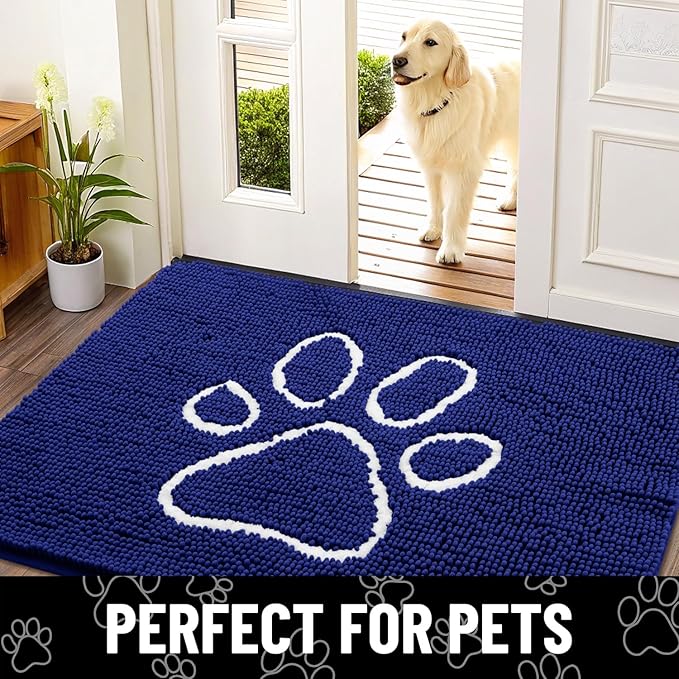 Smiry Dog Door Mat for Muddy Paws, Absorbent Dirt Trapper Non Slip Quick Dry Washable Chenille Mat for Mud Dogs, Entry Rug for Indoor and Outdoor (30x20 Inches, Navy Blue and White)