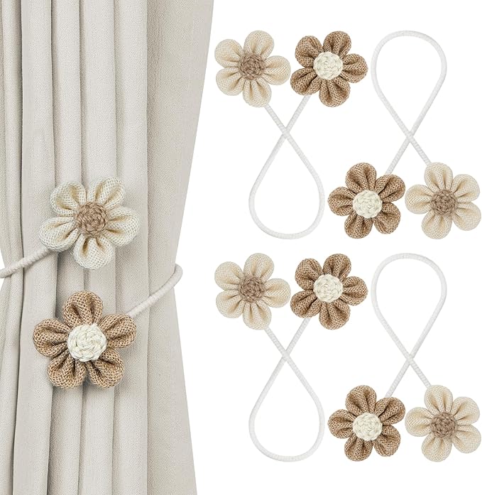KLOGTSIND Flower Curtain Tiebacks, 4 Pack Boho Curtain Ties Elegant DIY Curtain Holdbacks, Decorative Window Drape Twist Tie Backs for Bedroom Decor, Nursery Decor, Farmhouse Decor