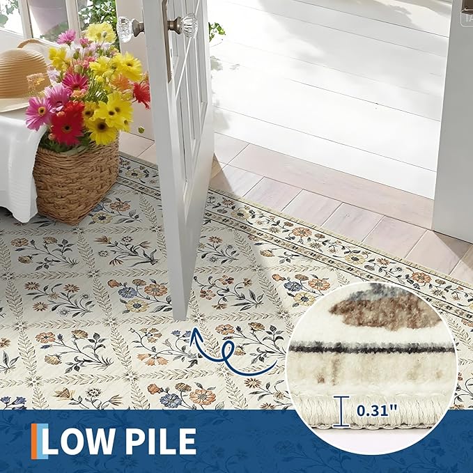 GarveeHome Living Room Rug 5x7 Rug Machine Washable Stain Resistant Area Rug Non Slip Floral Vintage Low Pile Rugs for Living Room, Bedroom, Farmhouse, Dining Room, Kids PlayroomBeige Sand